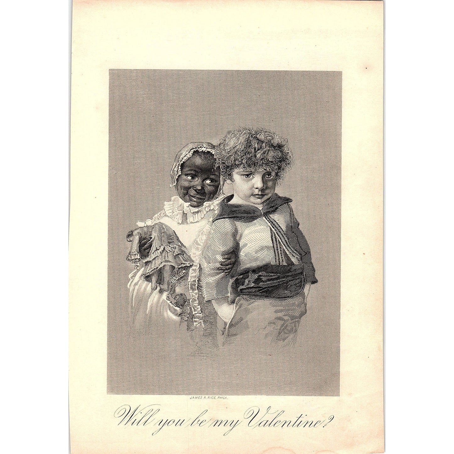 Will You Be My Valentine - Interracial Children 1884 Engraving TA5-CJ-1