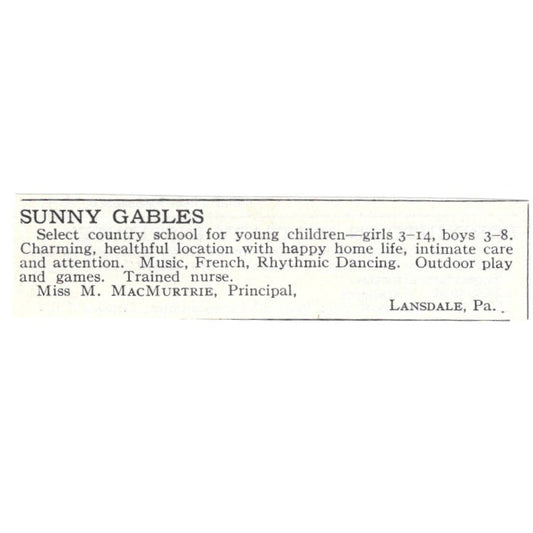 Sunny Gables Miss M. MacMurtrie Lansdale PA 1924 Magazine Ad AD8-O8