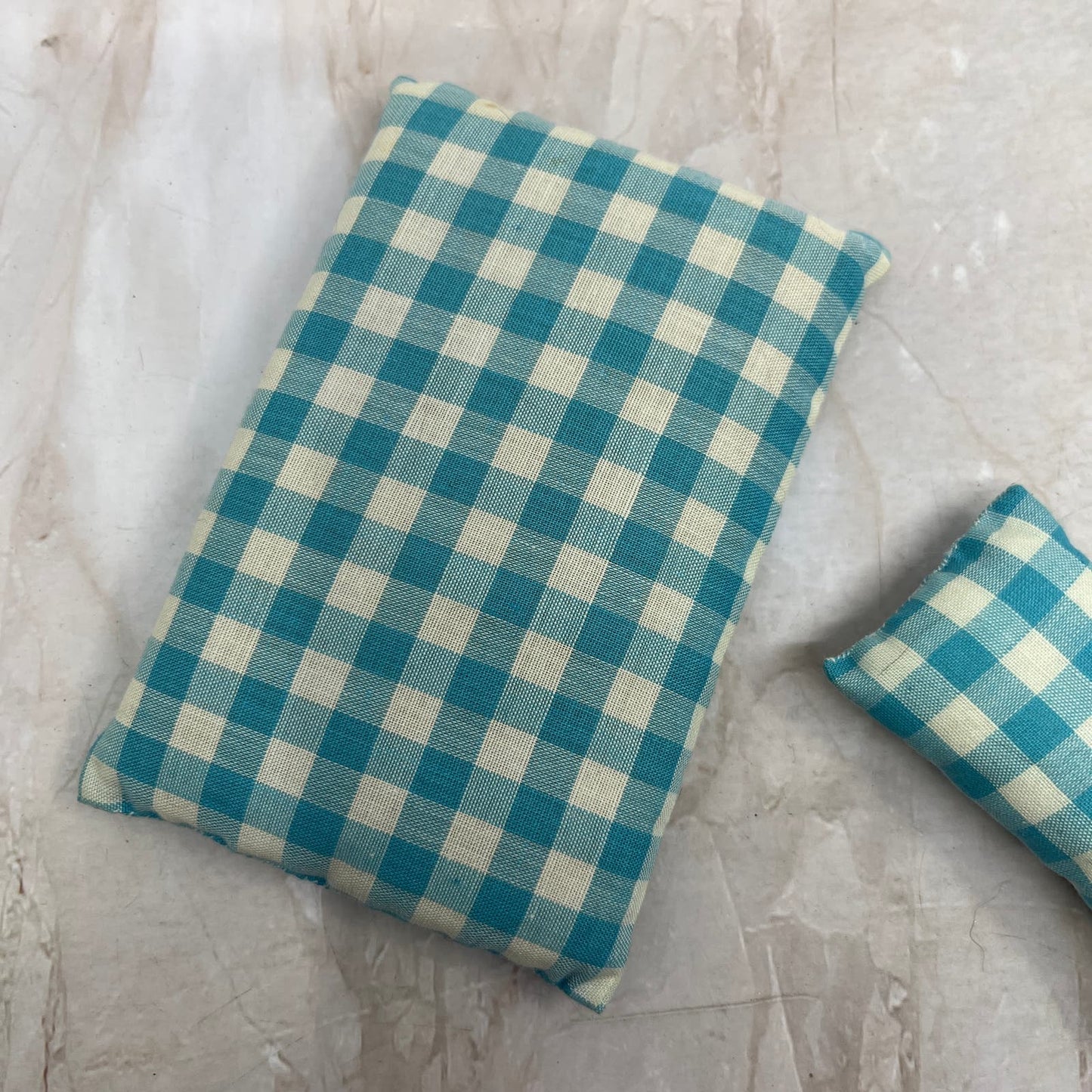 Retro Doll House Mattress and Pillow Handmade Blue Plaid 3x4.5" TE9