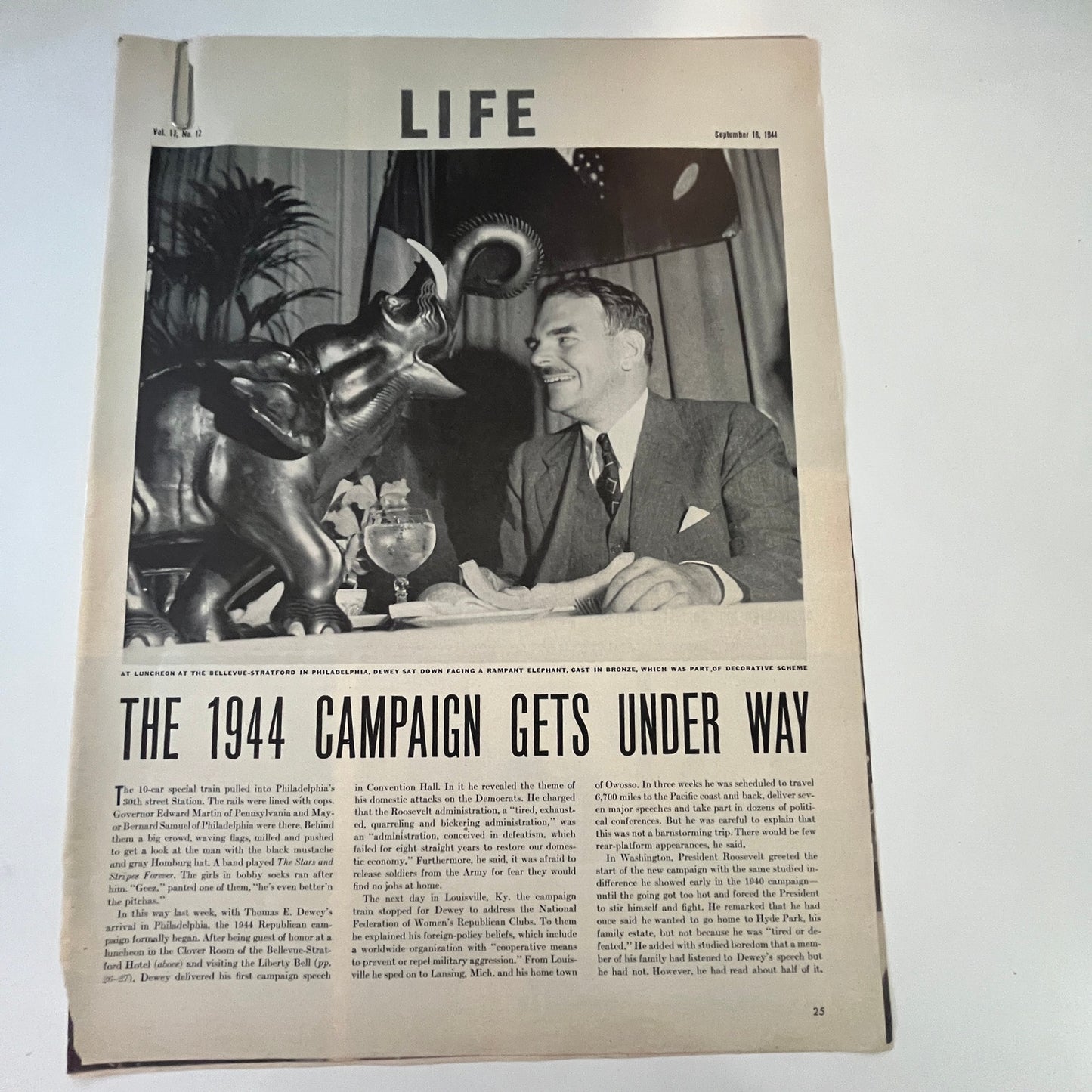 The 1944 Presidential Campaign Gets Underway 3 Pages WWII Era Article V30-1