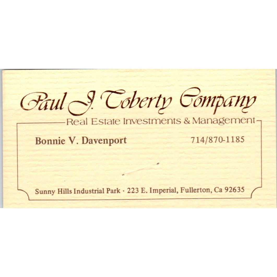 Bonnie V. Davenport Paul J Toberty Real Estate Fullerton CA Business Card SD8-B2