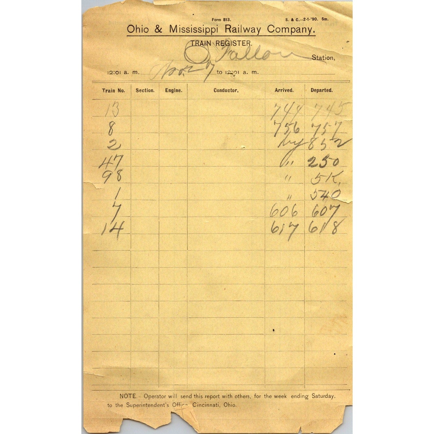 1890 Ohio & Mississippi Railway Company Invoice Billhead AB1