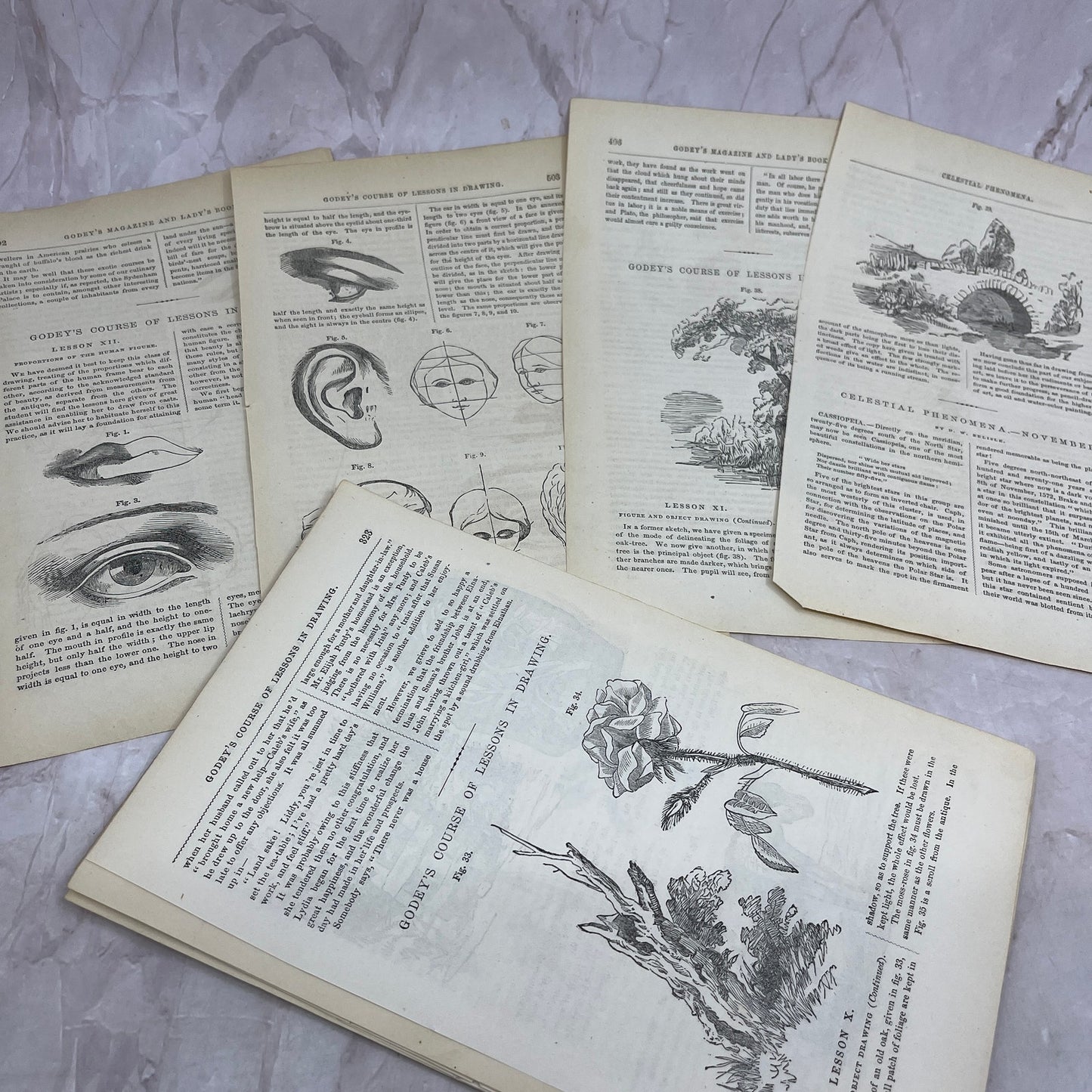 Huge Lot of Original Assorted Drawing Lessons From 1857 Godey's Book TH9-MG3