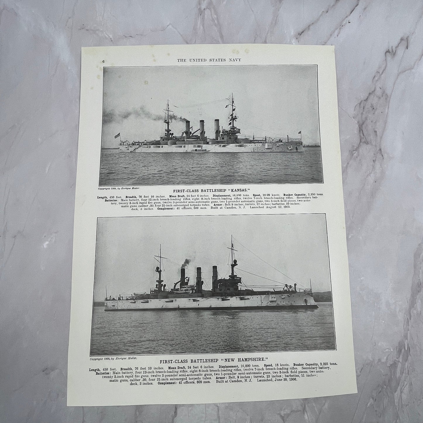First Class Battleship Minnesota, Kansas, New Hampshire Double Sided 1910 V14-7