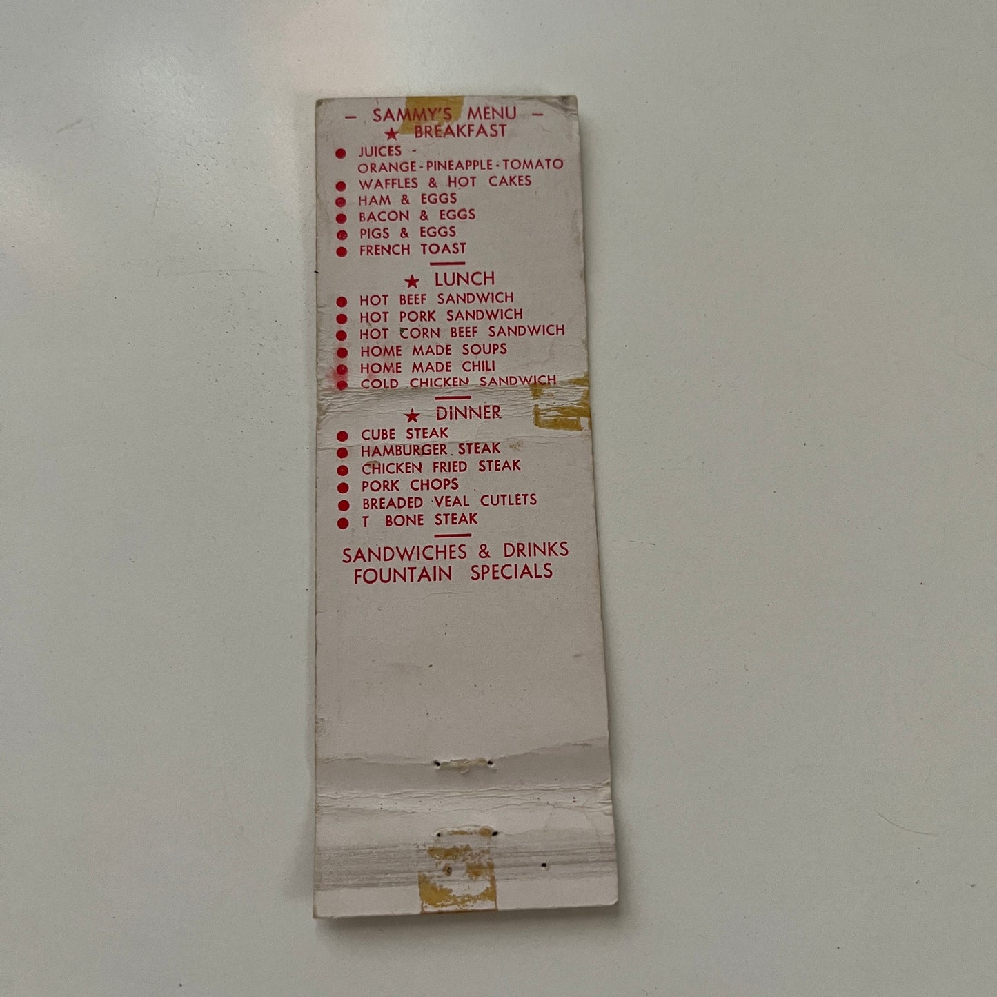 Sammy's Triangle Cafe Bremerton WA Vintage Menu Matchbook Cover MB29-3