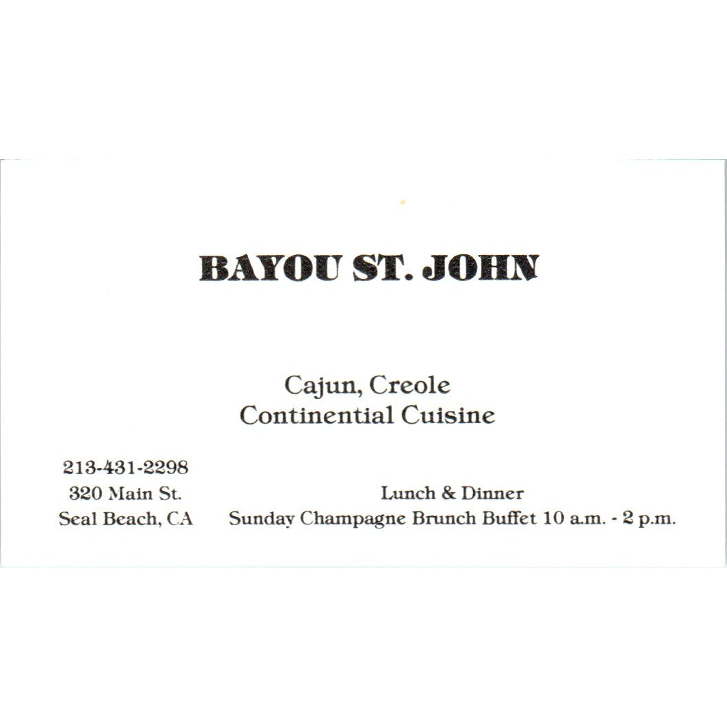 Bayou St. John Cajun Restaurant Seal Beach CA Vintage Business Card SD8-B6