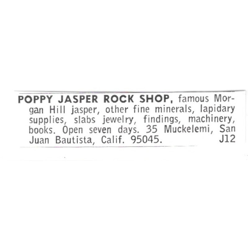 Poppy Jasper Rock Shop Morgan Hill Jasper San Juan Bautista CA 1972 Ad AF8-S26