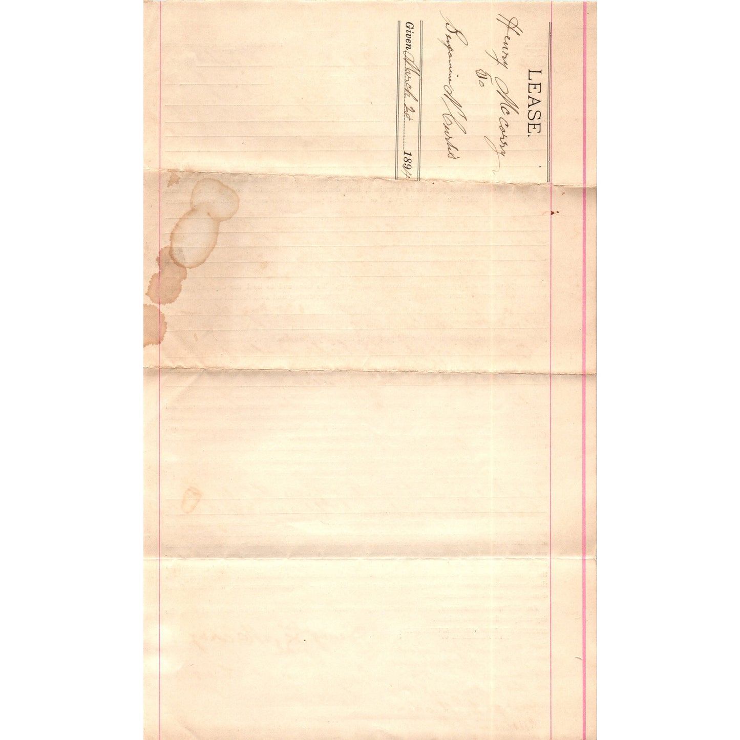 1894 Indenture Lease Henry McCorry to Benjamin N. Curtis Saranac NY AF7-E6