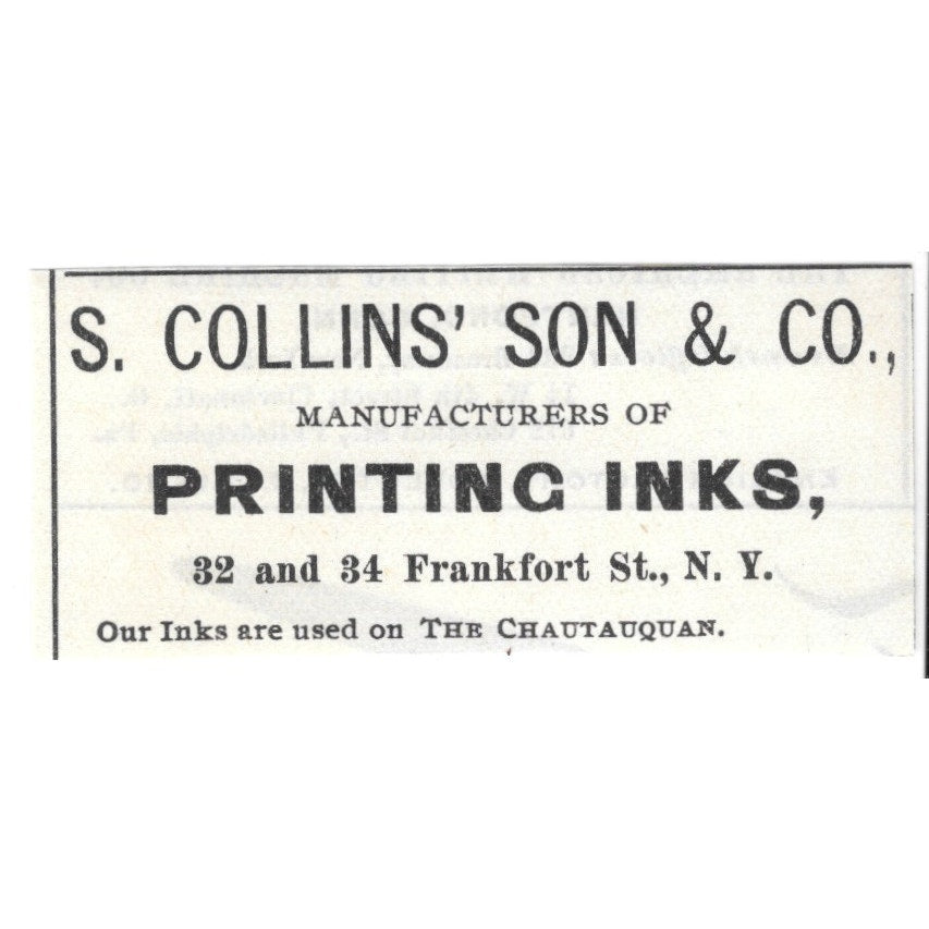 S. Collins' Son & Co Printing Inks 32 and 34 Frankfort St NY 1892 Ad AG2-S20
