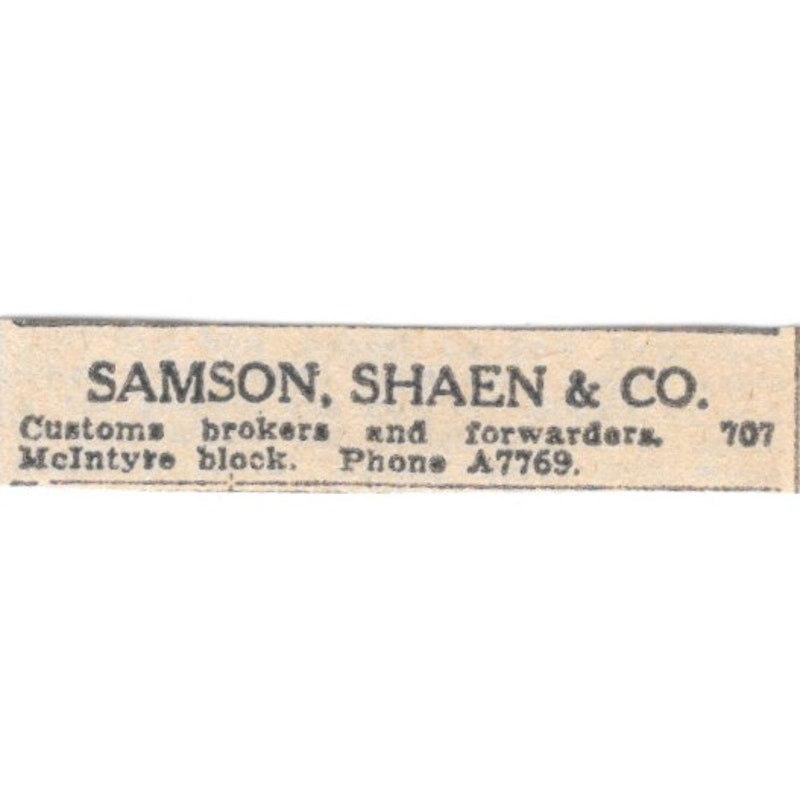 Samson, Shaen & Co Customs Brokers & Forwarders Winnipeg 1920 Ad AG2-S14