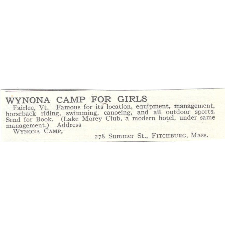 Wynona Camp for Girls Fairlee VT c1918 Original Magazine Advertisement AE5-SA11