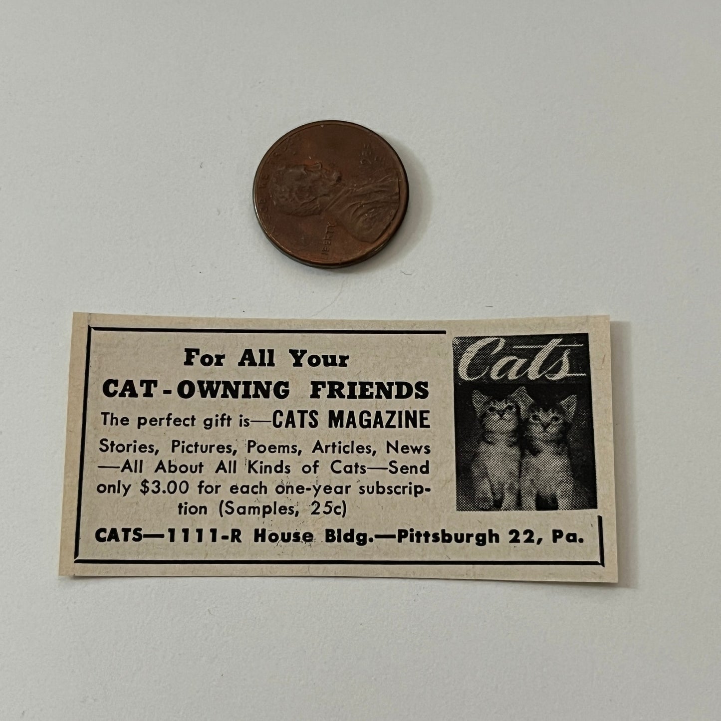 Cats Magazine Cat-Owning Friends Pittsburgh PA 1952 Yankee Magazine Ad SAG5-S1