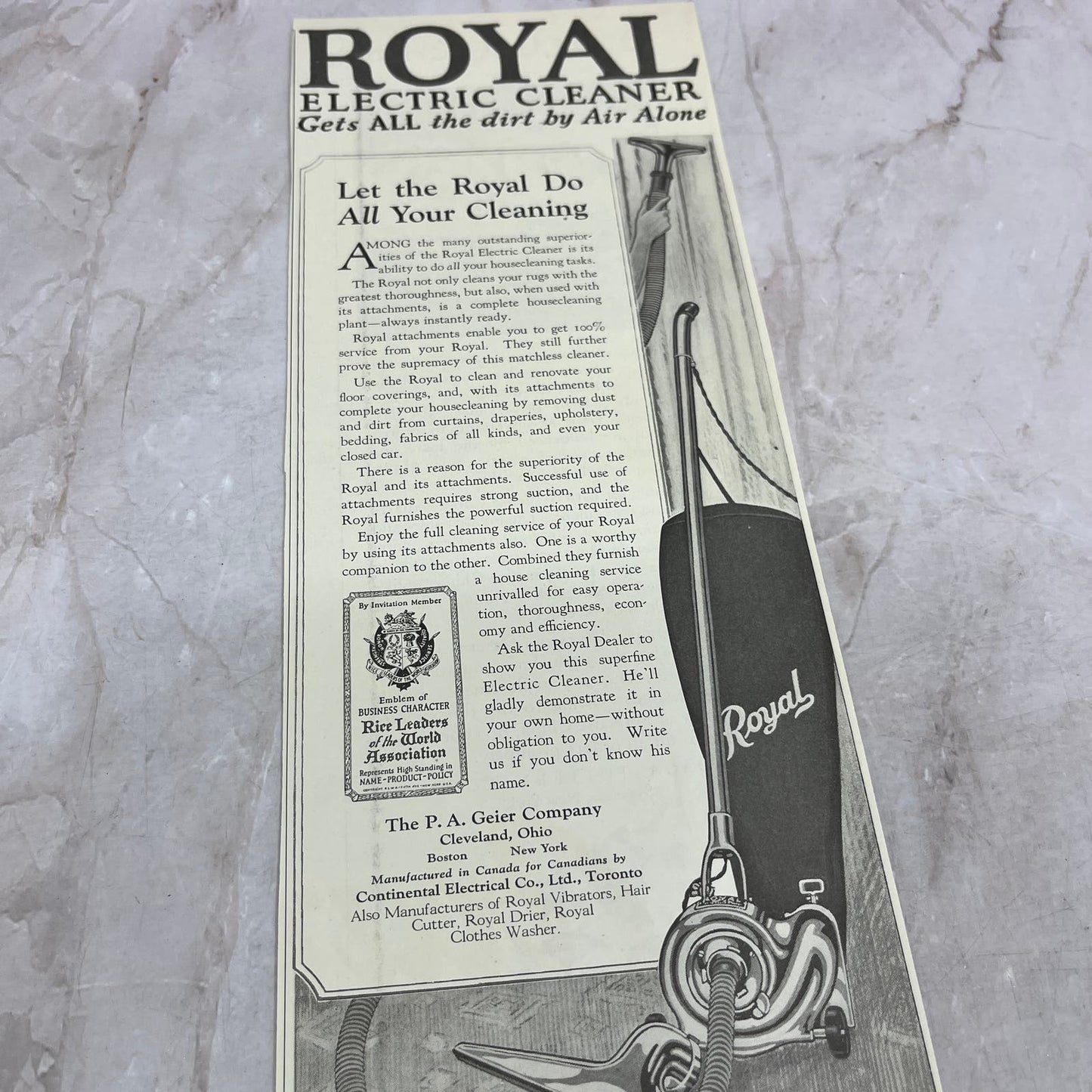 Royal Electric Cleaner Vacuum P.A. Geeier Co Cleveland 1924 Magazine Ad FL6-11