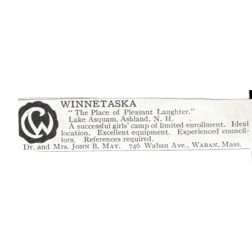 Winnetaska Waban MA Dr. and Mrs. John B. May c1920 Harper's Magazine Ad AG4-S9