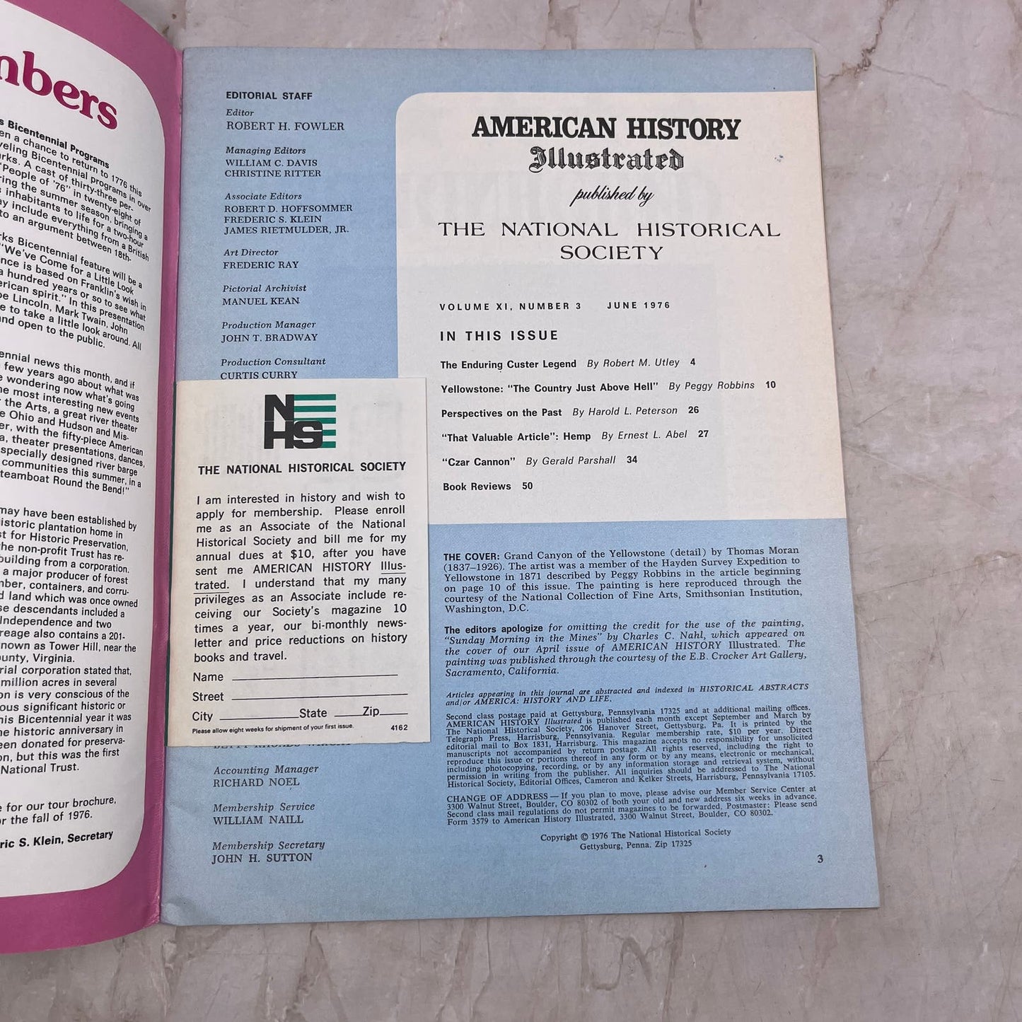 1976 Jun - American History Illustrated Magazine Grand Canyon of Yellowstone M21