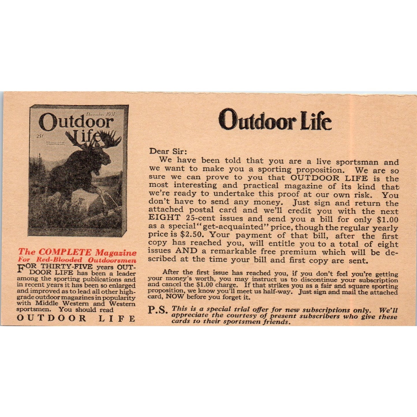 1932 Outdoor Life Magazine Postal Mailing Card PE6