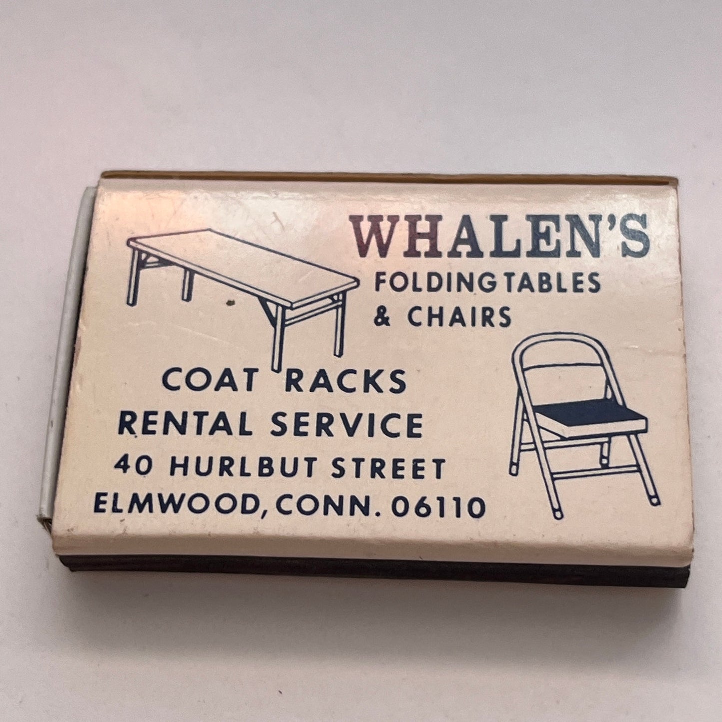 Whalen's Chair Rental Service Inc Elmwood CT Vintage Matchbox TB6-MB3