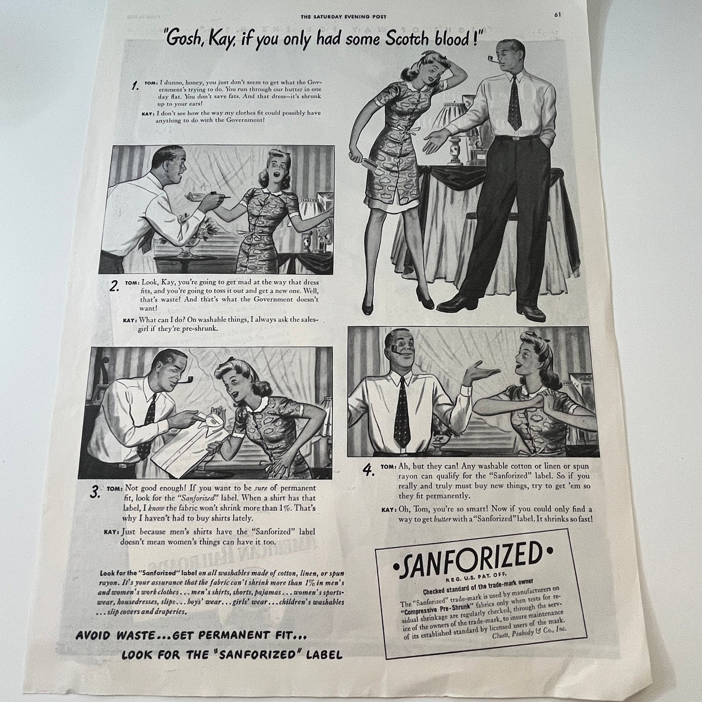 Cluett, Peabody & Co., Inc. Sanforized Reg. U.S. Pat. Off. 1943 WWII Ad SV1-6