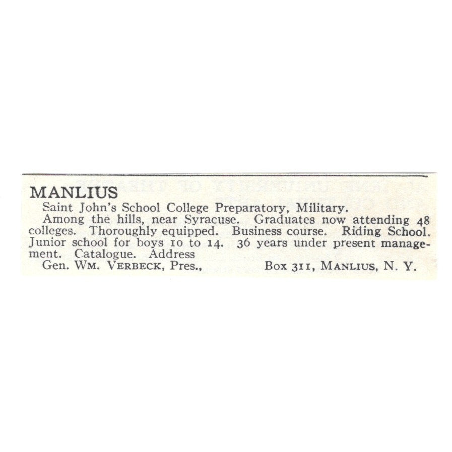 Manlius Prep School Wm. Verbeck Manlius NY 1924 Magazine Ad AD8-O6