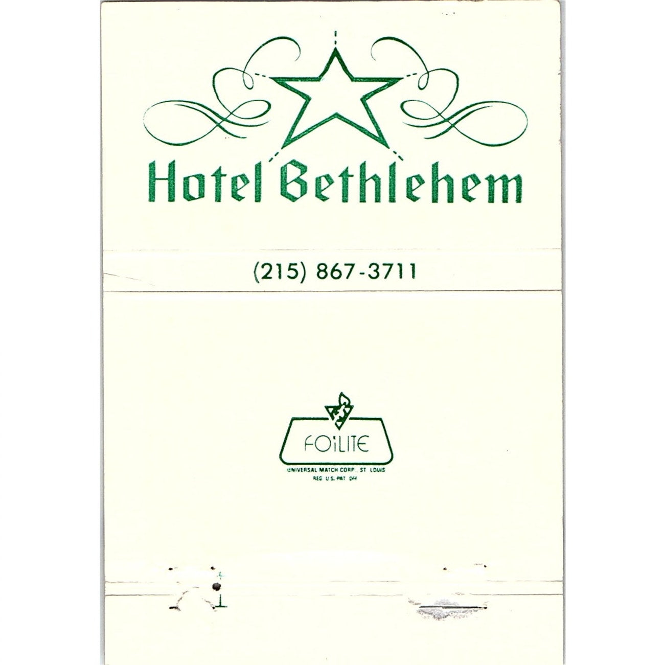 Hotel Bethlehem Annie S. Kemerer Museum PA Vintage Matchbook TB6-MB2-13