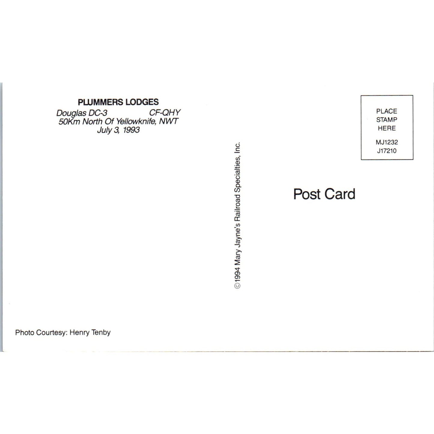 Plummers Lodges Douglas DC-3 CF-QHY Vintage Postcard TG8-PC