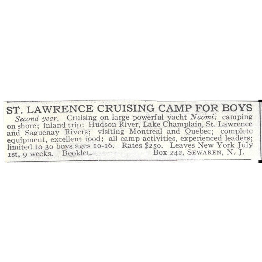 St. Lawrence Cruising Camp for Boys Sewaren NJ c1920 Harper's Magazine Ad AG4-S8