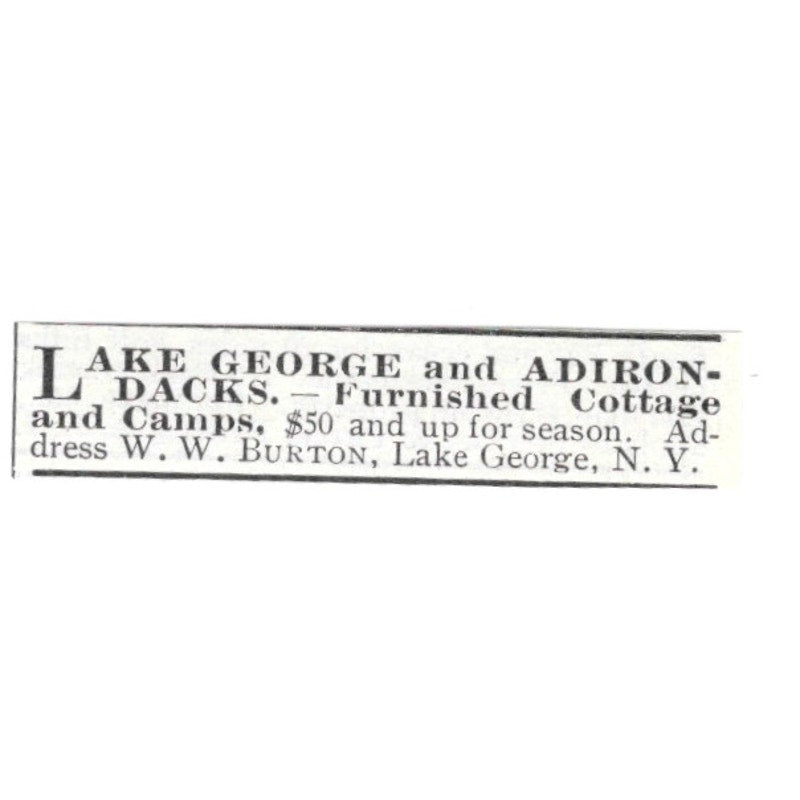 Lake George and Adirondacks Cottage W.W. Burton NY 1903 Magazine Ad AF7-SS1