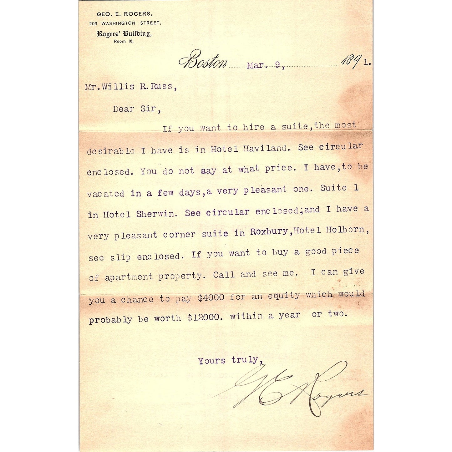 1891 George E Rogers Letterhead Memo Washington St Boston AF4-2