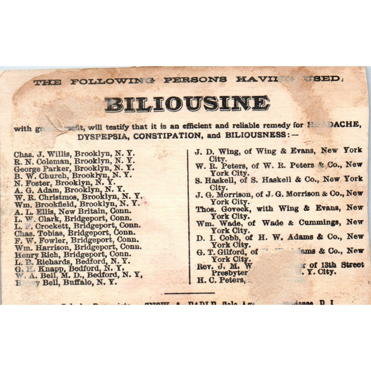 Biliousine Snow & Earle Providence RI c1880 Victorian Trade Card AB6-1