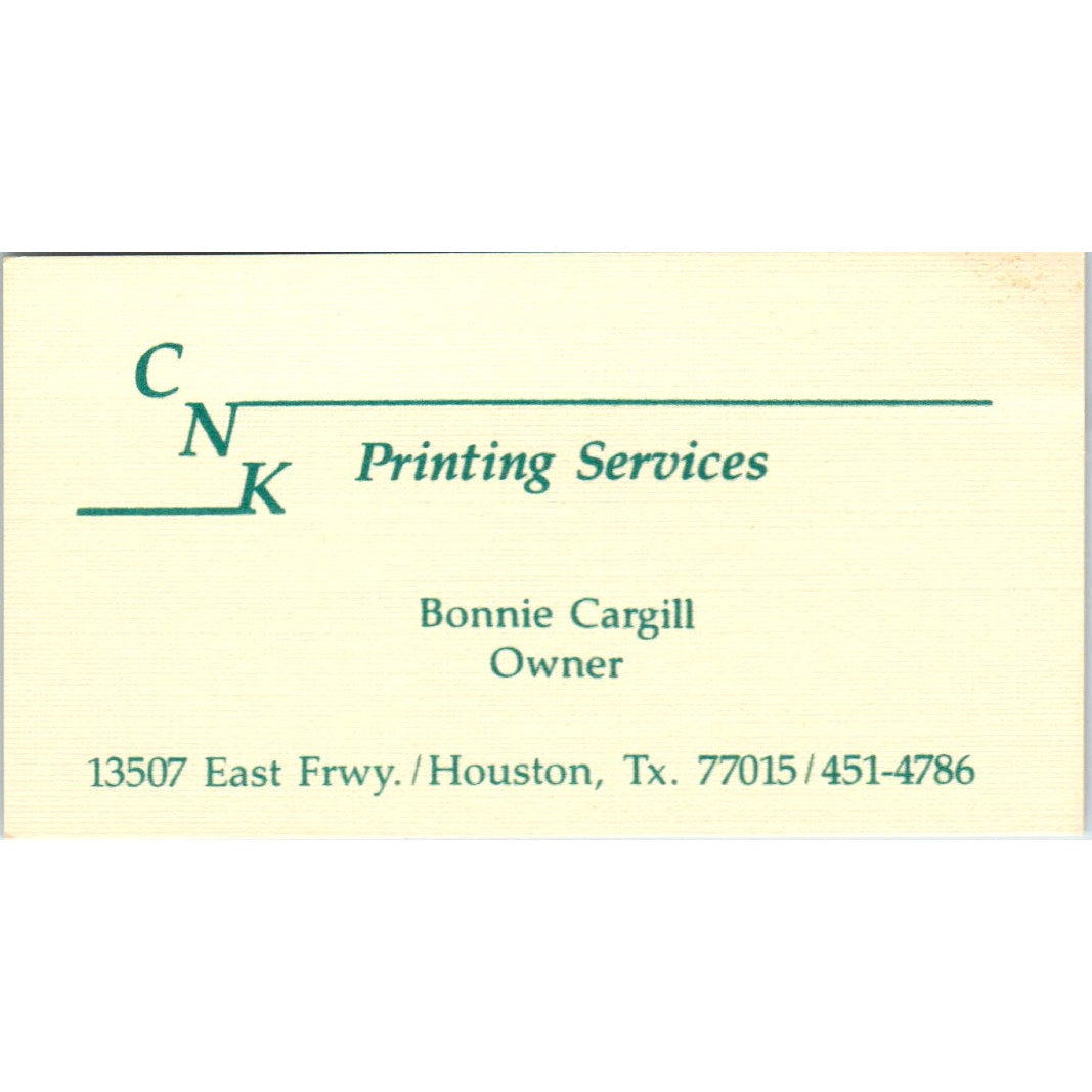 CNK Printing Services Bonnie Cargill Houston TX Vintage Business Card SD4-B3