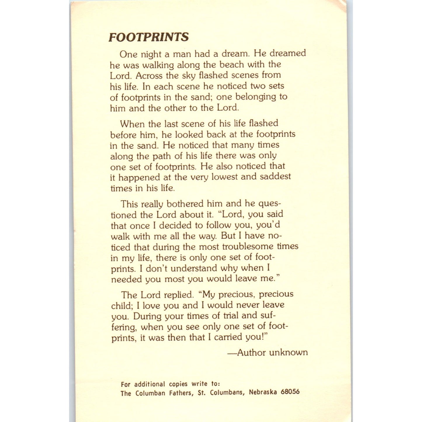 Bishop Edward Galvin Footprints Columban Fathers NE Vintage Prayer Card TH2-PC1