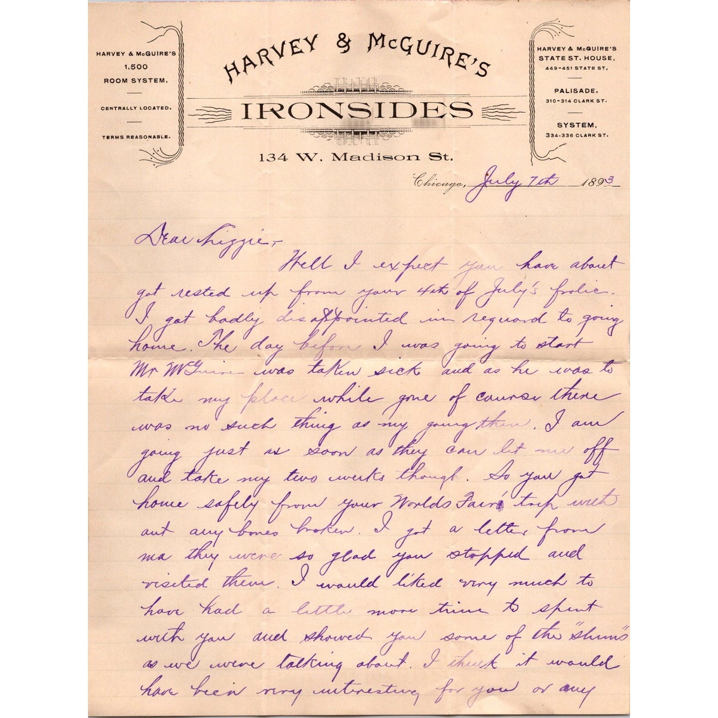 1893 Harvey & McGuire's Ironsides Madison St. Chicago Billhead J16