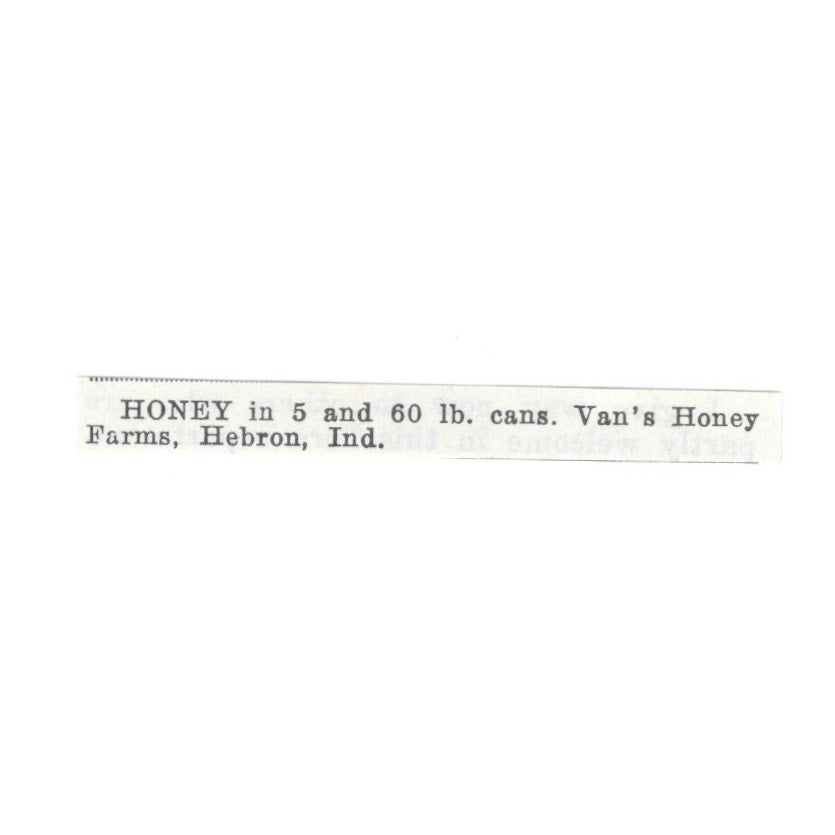 Van's Honey Farms Honey in 5 & 60lb Cans Hebron Indiana 1926 Ad AG3-S20