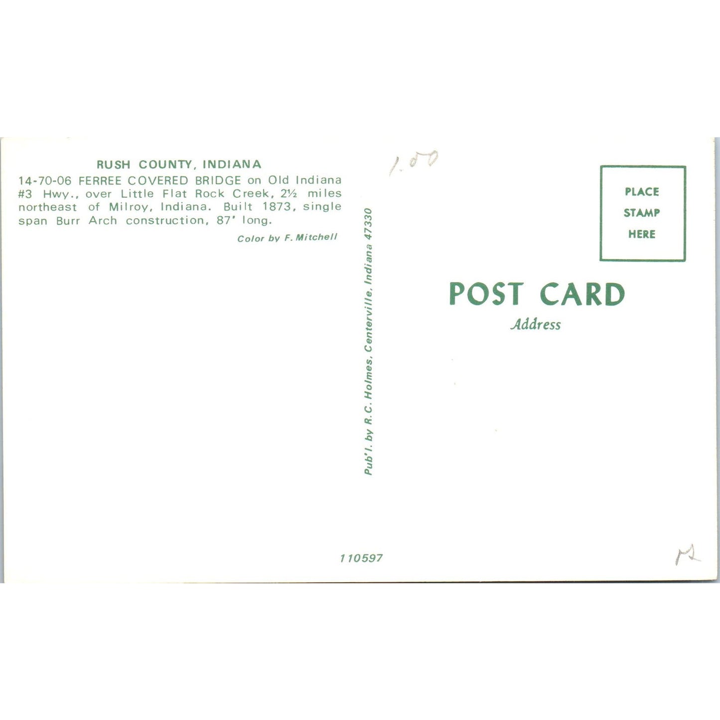 Ferree Bridge Rush County Milroy IN Vintage Covered Bridge Postcard PC17