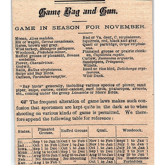 Game Bag and Gun - Game Season for 1878 Article AG2-H3