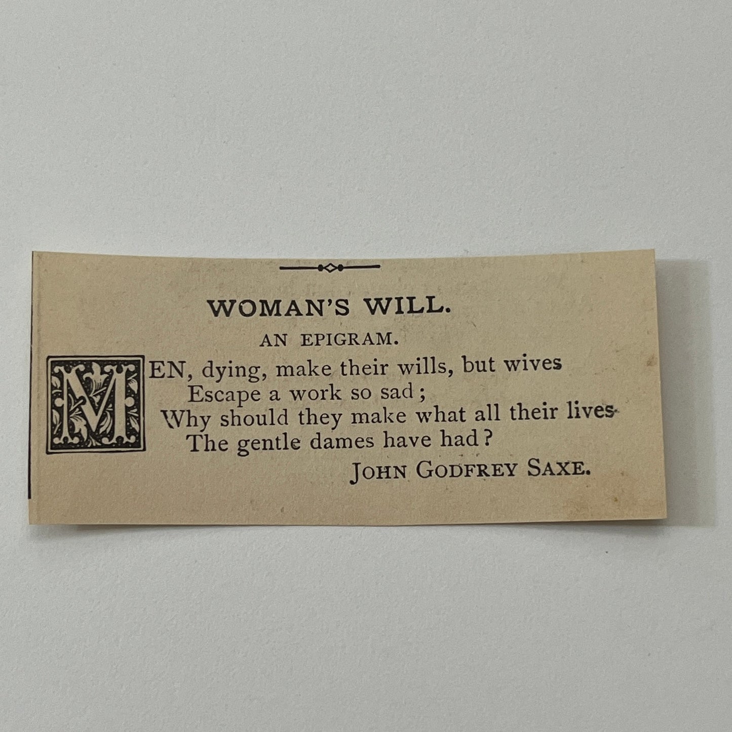 A Woman's Will - John Godfrey Saxe 1884 Poem AG3-S1