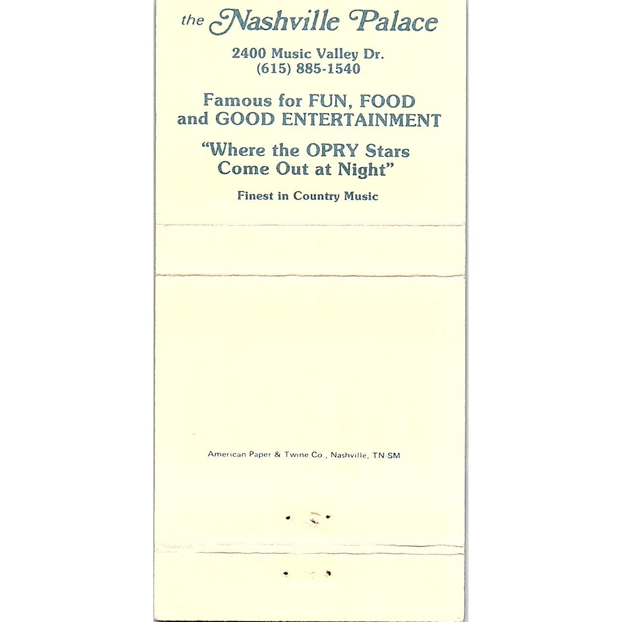 Fiddlers Inn & Nashville Palace Music Valley Drive Vintage Matchbook TB6-MB2-7