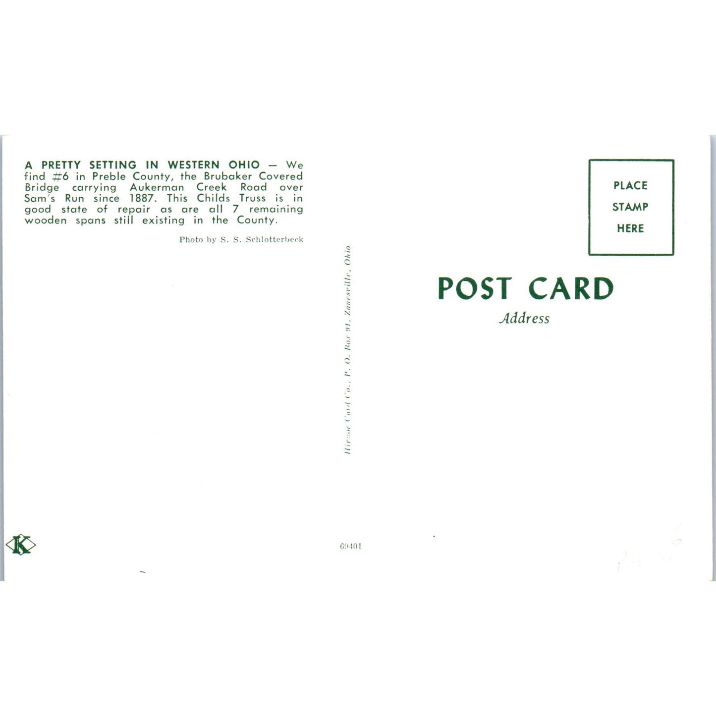 Preble County #6 Brubaker Bridge Sams Run Ohio Covered Bridge Postcard PC5