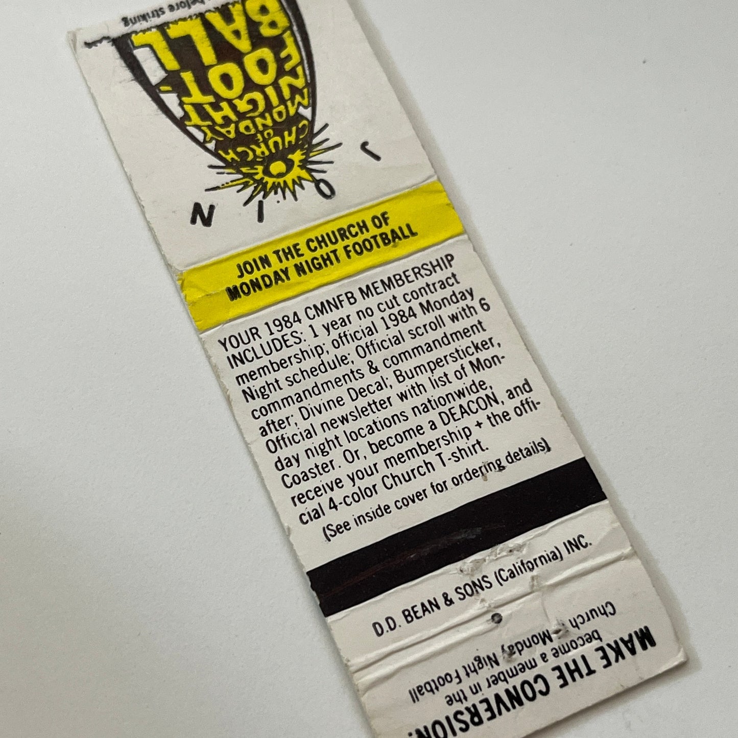 1984 Church of Monday Night Football Vintage Matchbook Cover TB6-MB1-14