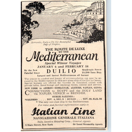 Indian Line Mediterranean Travel Duilio Italy 1924 Magazine Ad AF2-A1
