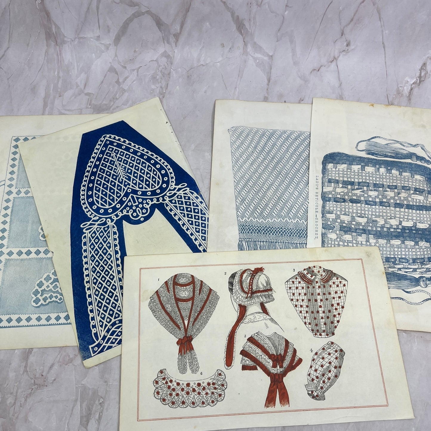 Lot of Original Tinted Embroidery Sewing Patterns 1857 Godey's Book TH9-MG6