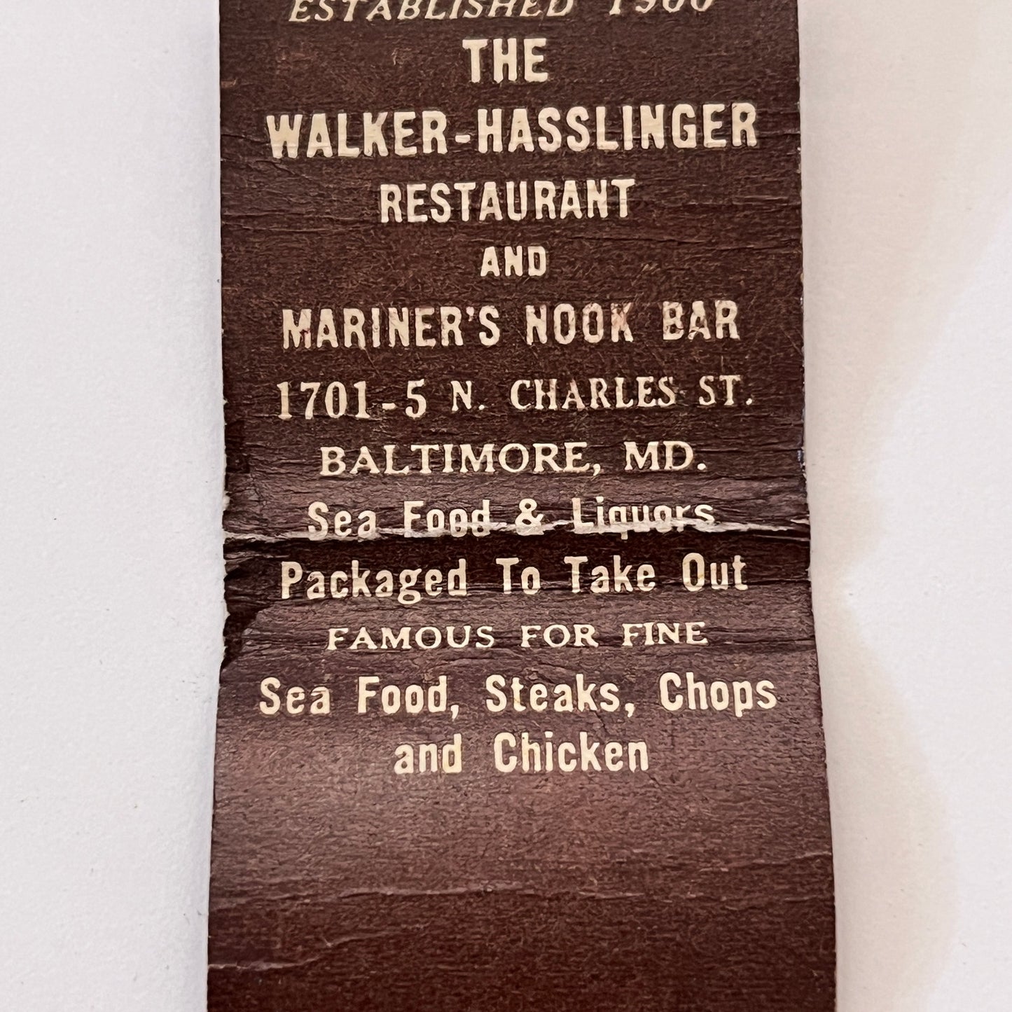 The Walker-Hasslinger Lounge Baltimore MD Vintage Matchbook Cover TB8-MB3-10