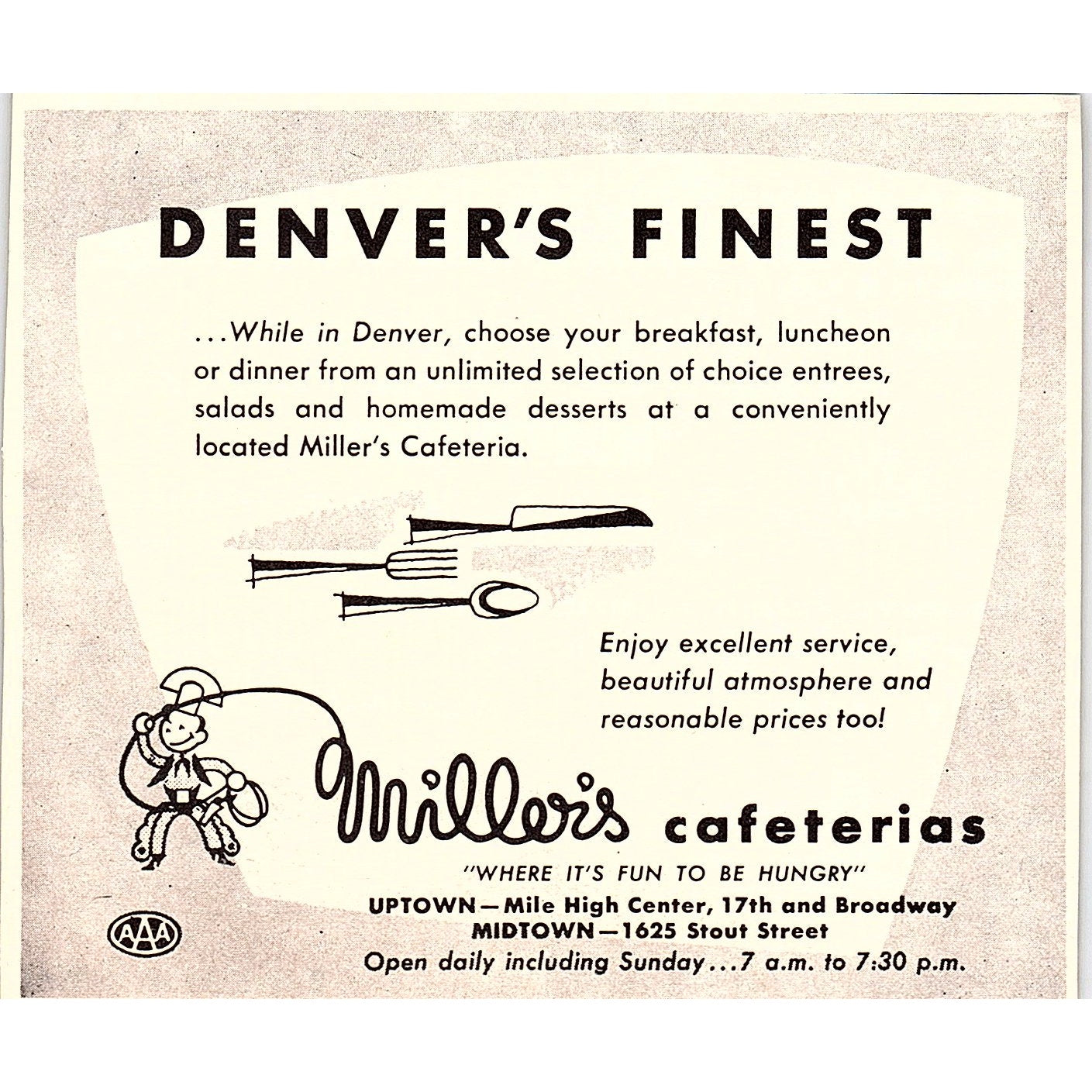 Miller's Cafeterias Uptown, Midtown Denver CO 1958 Ad AG1-H3