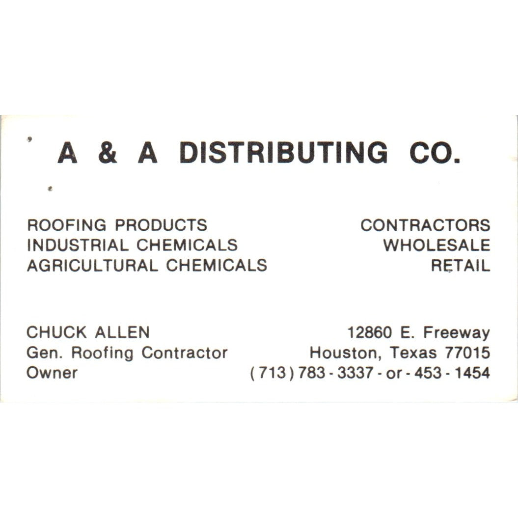 A&A Distributing Co Roofing Chuck Allen Houston TX Vintage Business Card SD8-B14