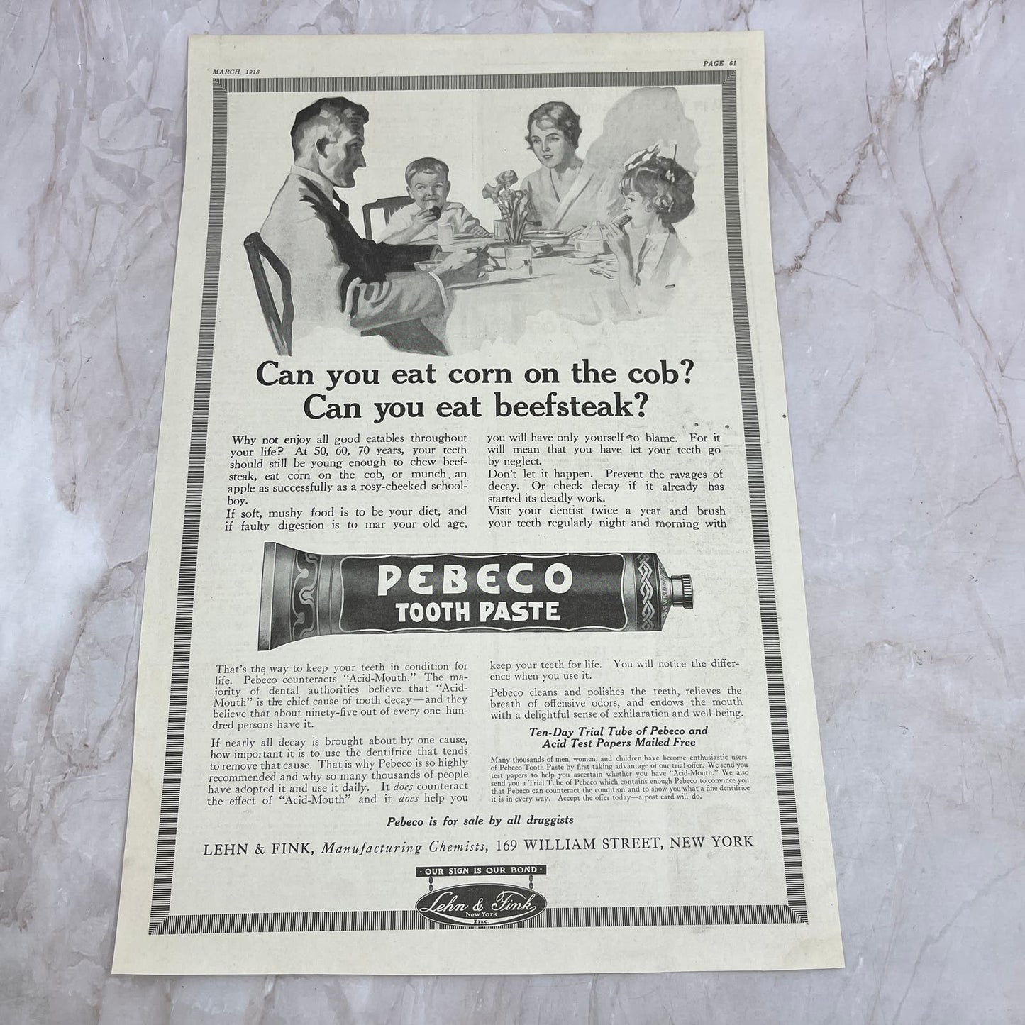 Pebco Toothpaste Lehn & Fink New York 1918 Magazine Ad FL6-10