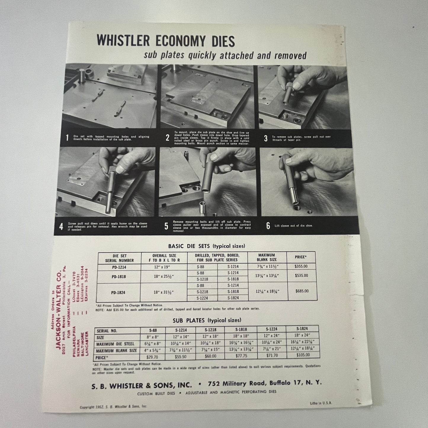 1962 Whistler Economy Dies - S.B. Whistler & Son Dies Buffalo NY Leaflet J18