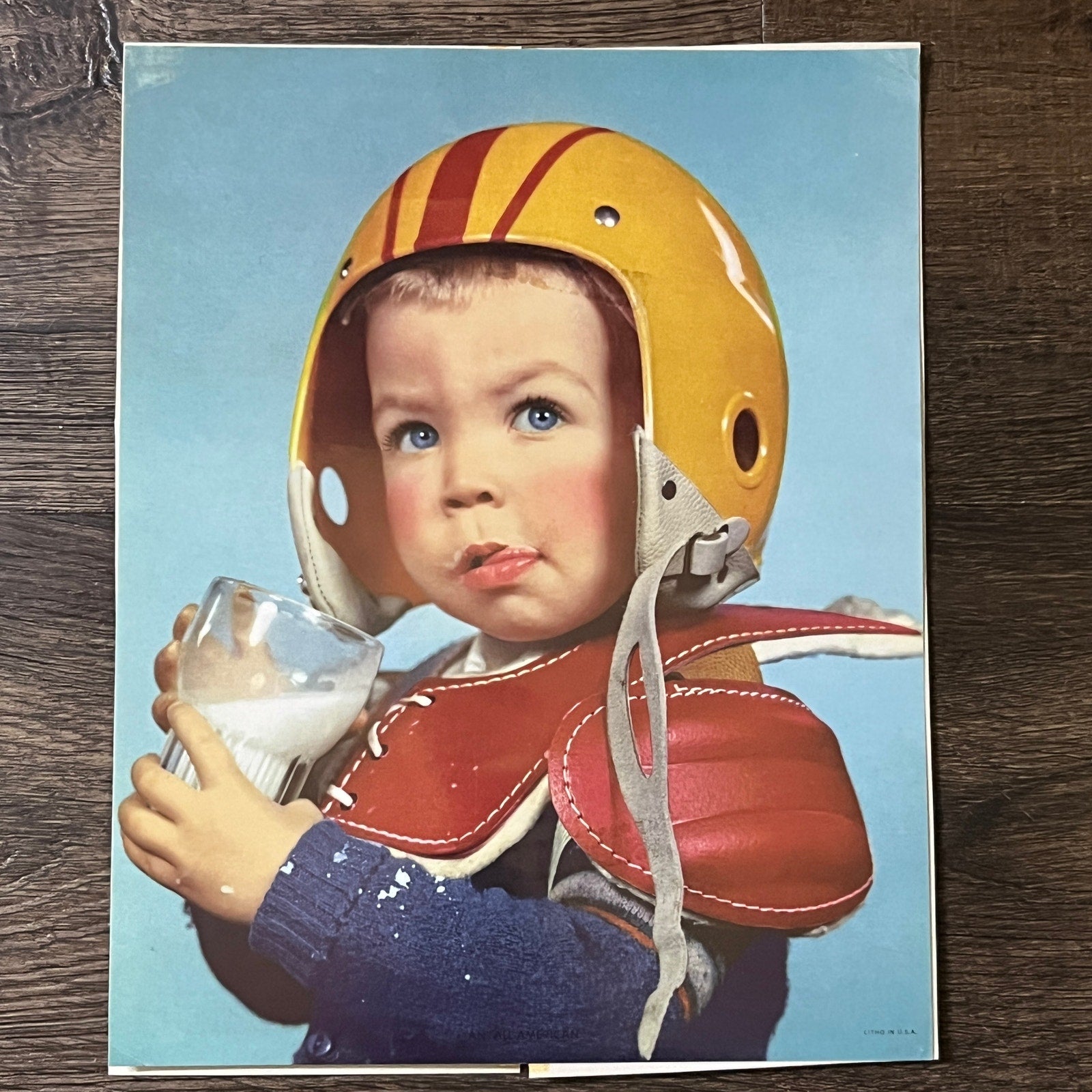 football drinking helmet 1950s Little Boy in Football Helmet Drinking Milk Kitsch 8x10 Art Print V2