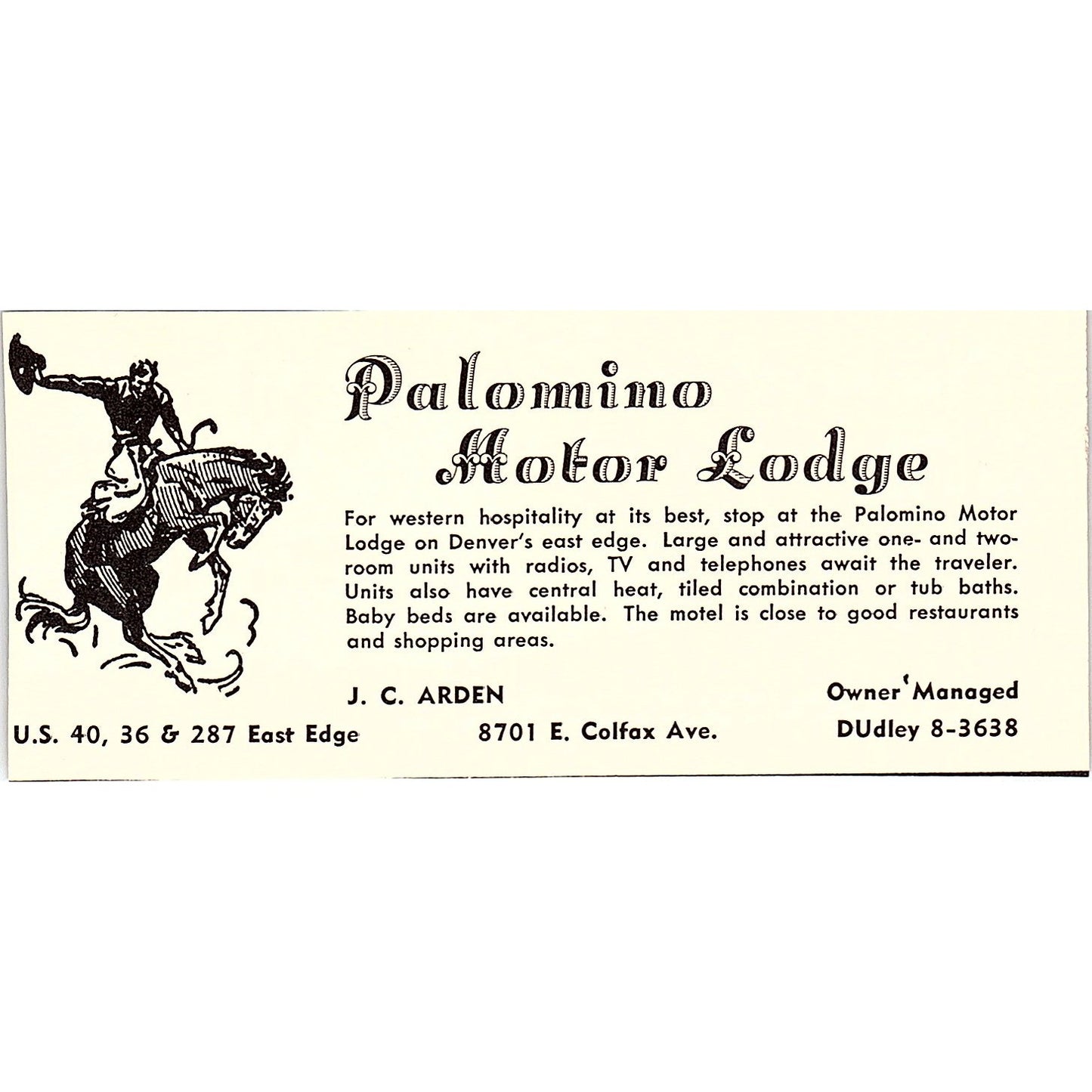 Palomino Motor Lodge J.C. Arden Denver CO 1958 Ad AG1-M1