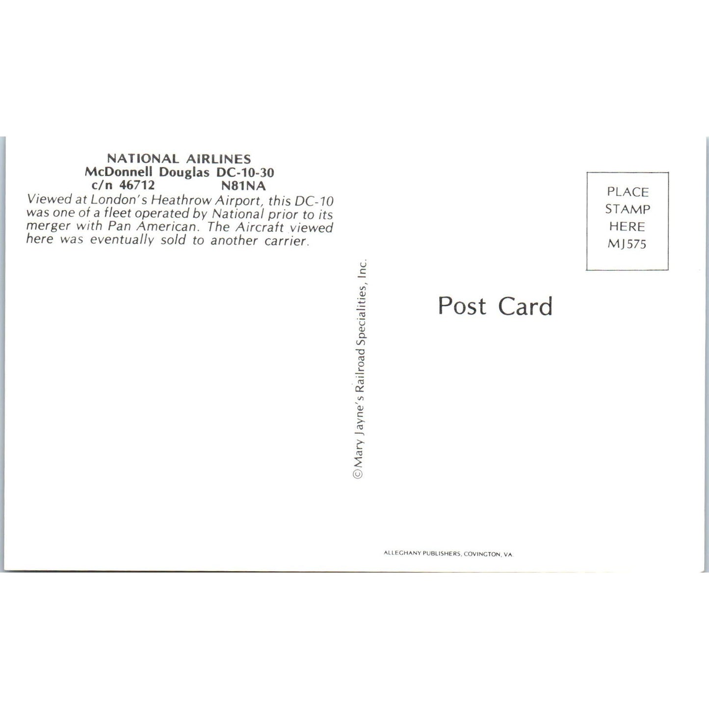 National Airlines McDonnell Douglas DC-10-30 Vintage Postcard TG8-PC
