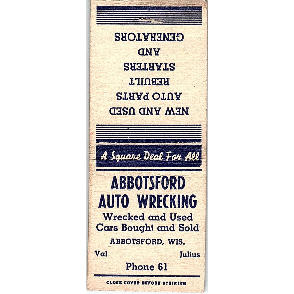 Abbotsford Auto Wrecking Val & Julius WI Vintage Matchbook Cover SC7-Y9